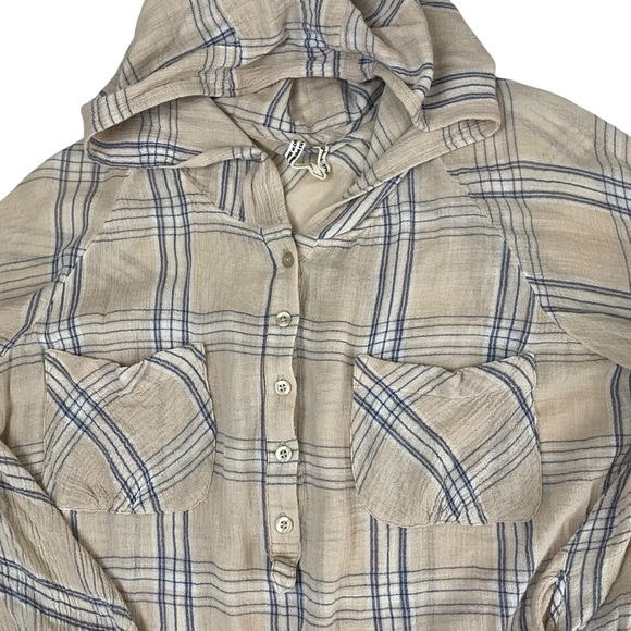 Free People Plaid Gauzy Pullover Hoodie Shirt Tan Large - Picture 7 of 10